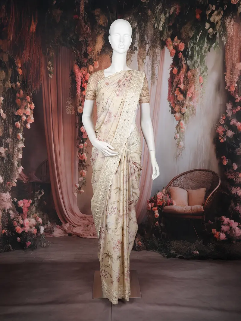 Beige Floral Printed Design Tussar Saree With Embroidered Lace Border 1