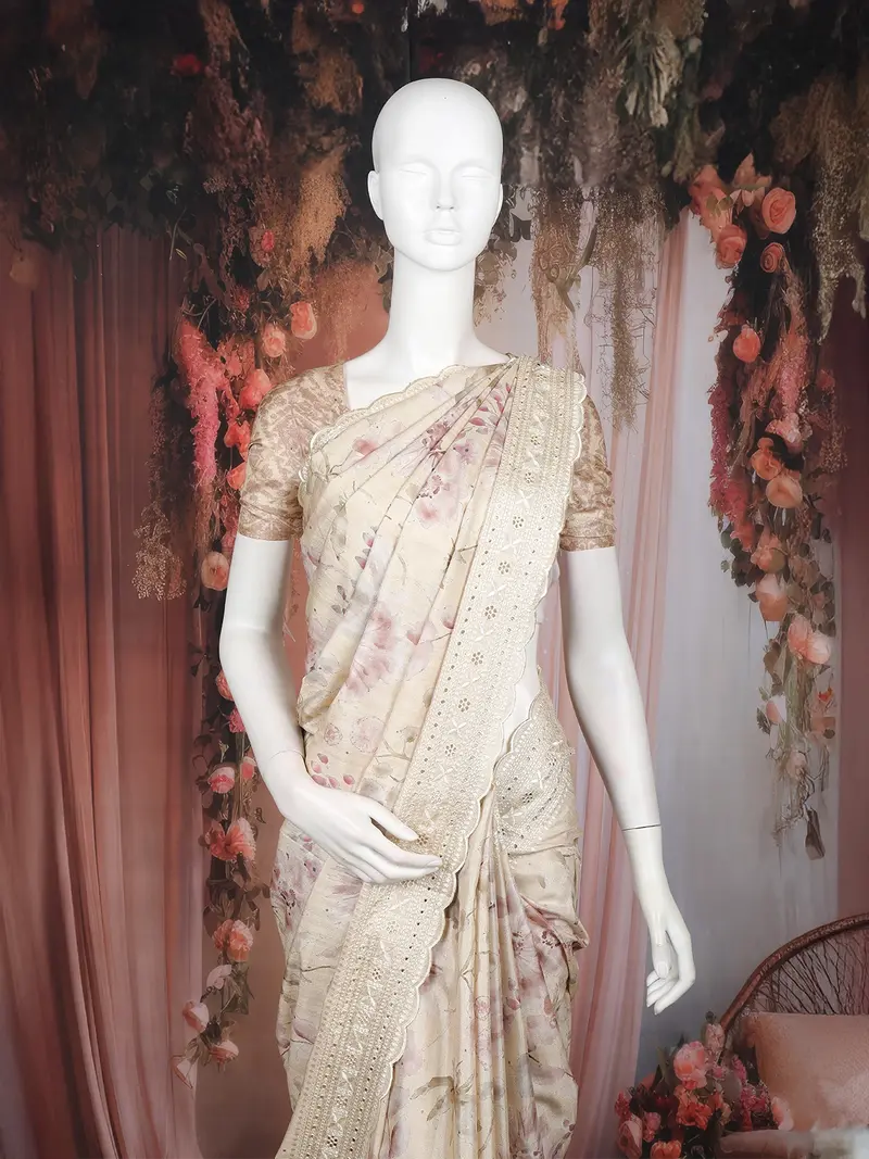 Beige Floral Printed Design Tussar Saree With Embroidered Lace Border 2