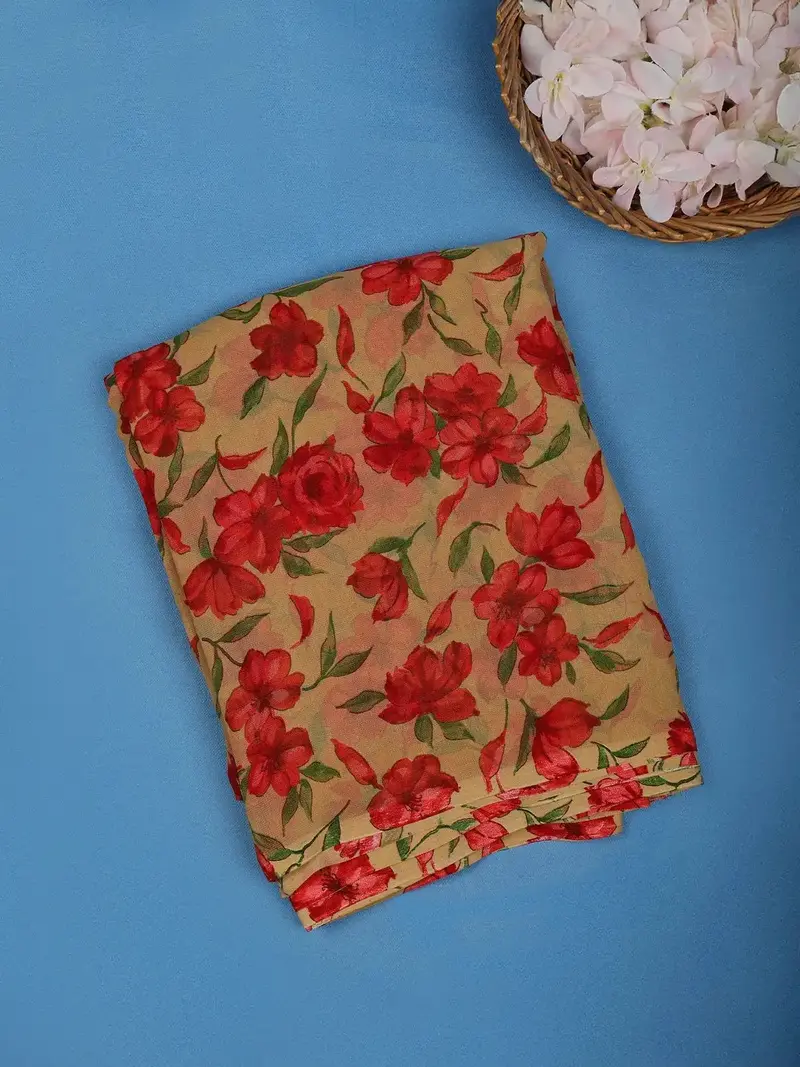Beige Floral Printed Georgette Saree With Matching Blouse 1