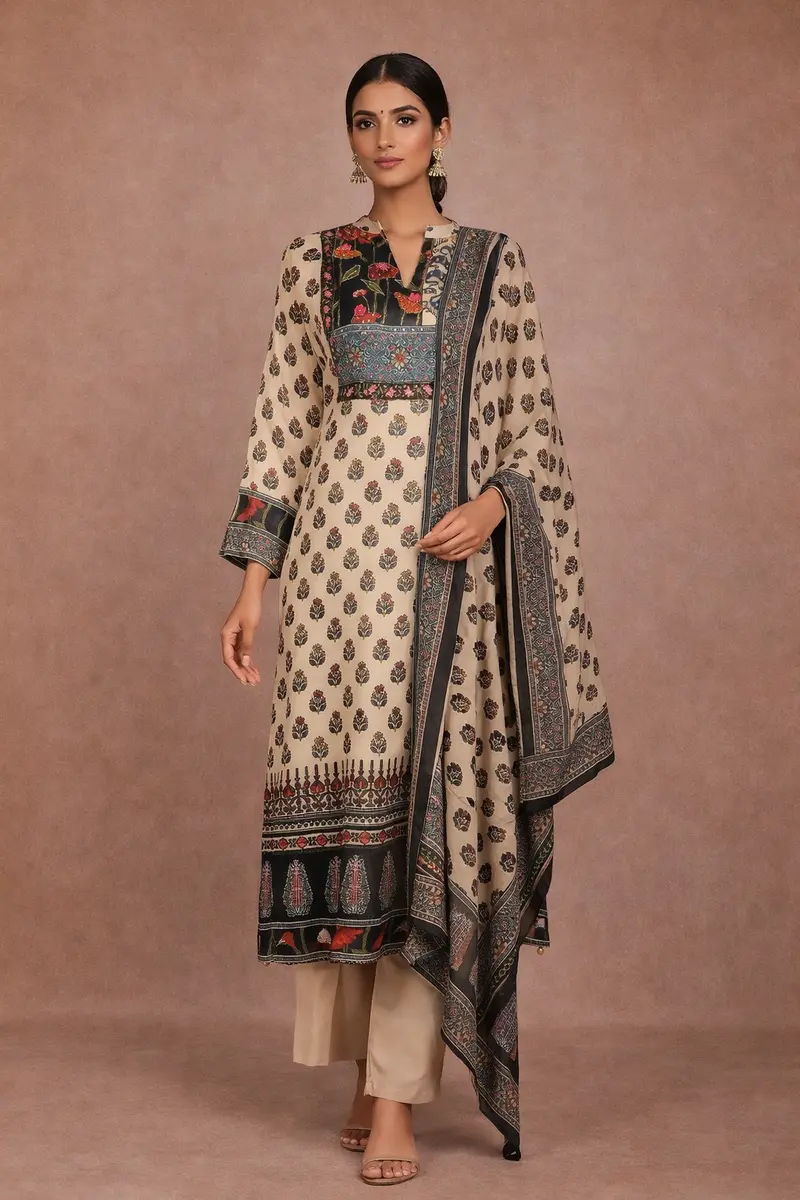 Beige Floral Printed Rayon Kurti 1