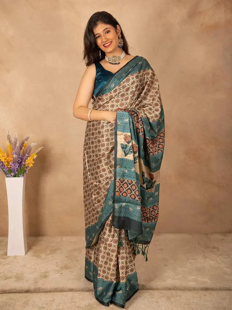 Beige Floral Printed Saree 1