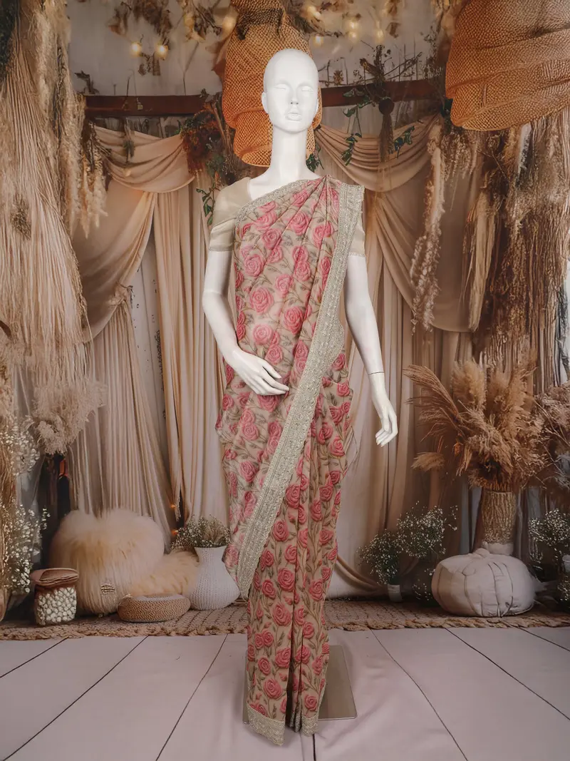 Beige Floral Printed Tissue Organza Saree With Sequins Embroidered Border 1