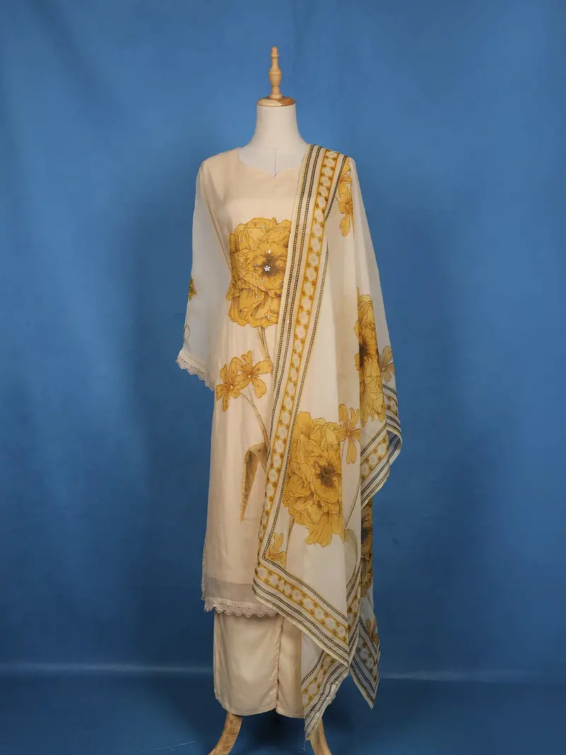 Beige Floral Printed Tussar Silk Salwar Suit With Printed Dupatta 1