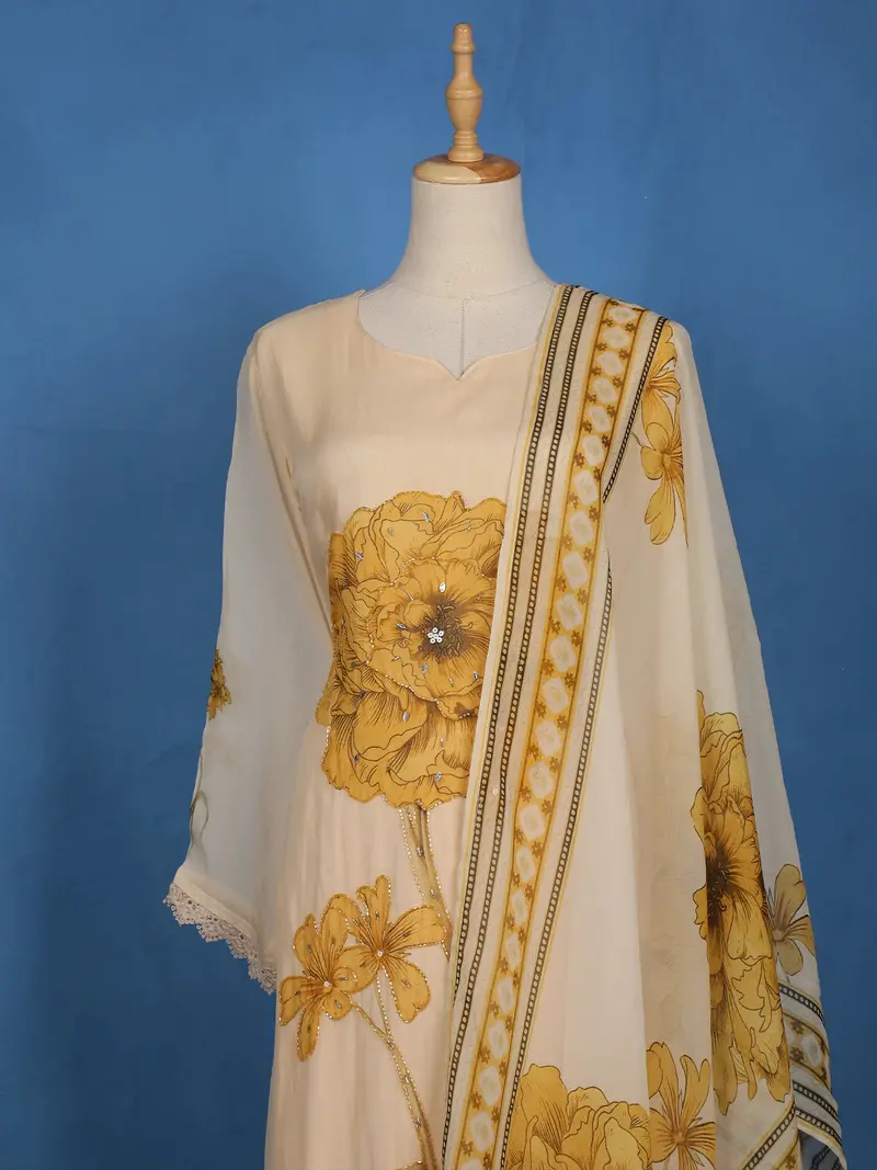 Beige Floral Printed Tussar Silk Salwar Suit With Printed Dupatta 2