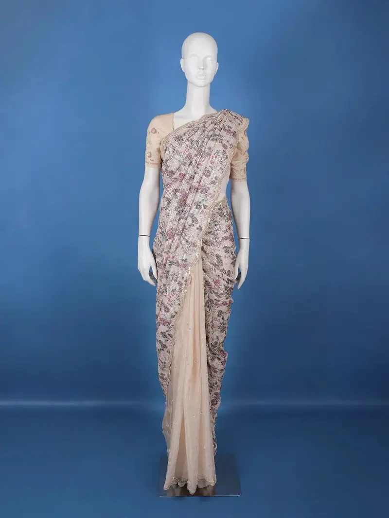 Beige Floral Sequin Designed Net Saree 1