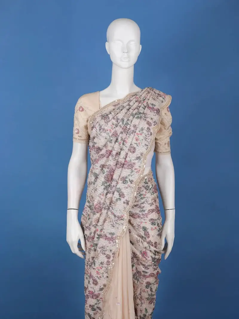 Beige Floral Sequin Designed Net Saree 2