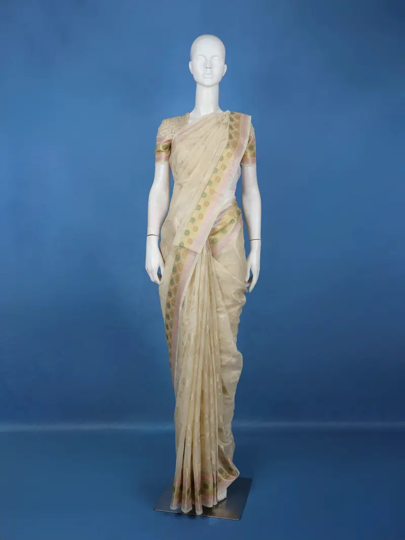 Beige Floral Woven Design Tissue Silk Saree 1