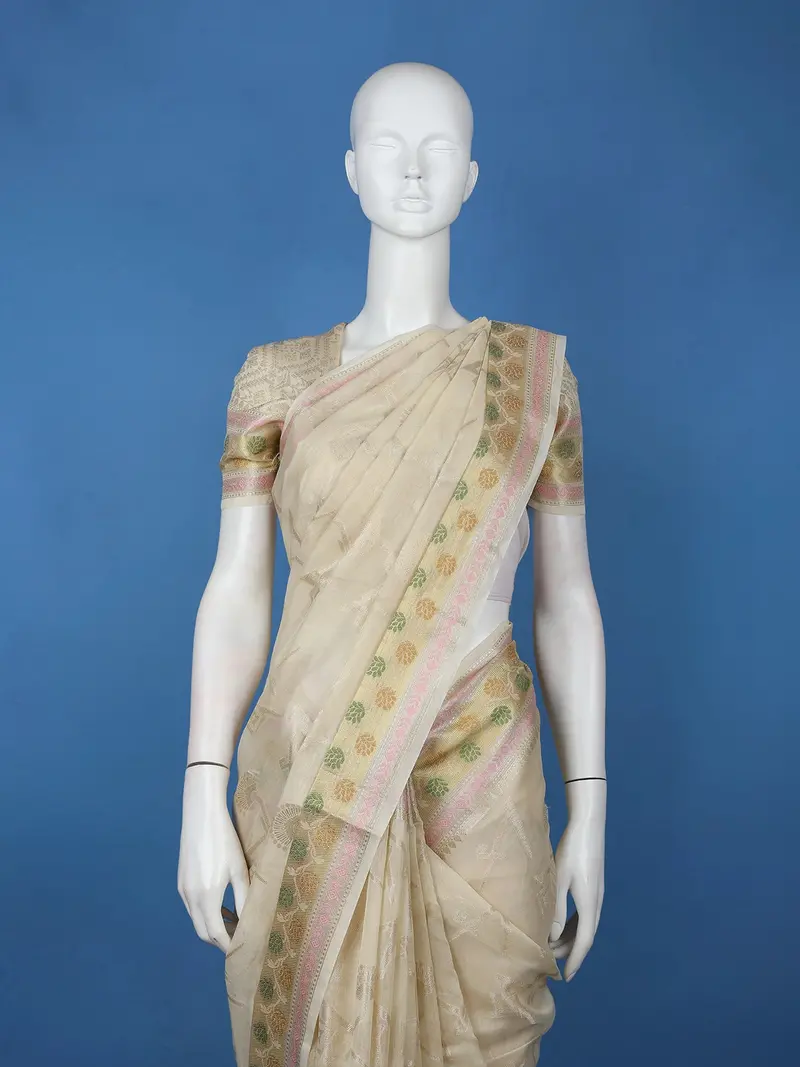 Beige Floral Woven Design Tissue Silk Saree 2