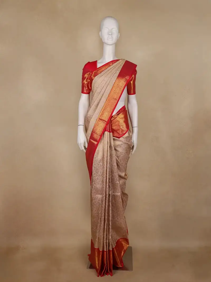Beige Floral Woven Pure Kanchipuram Silk Saree 1