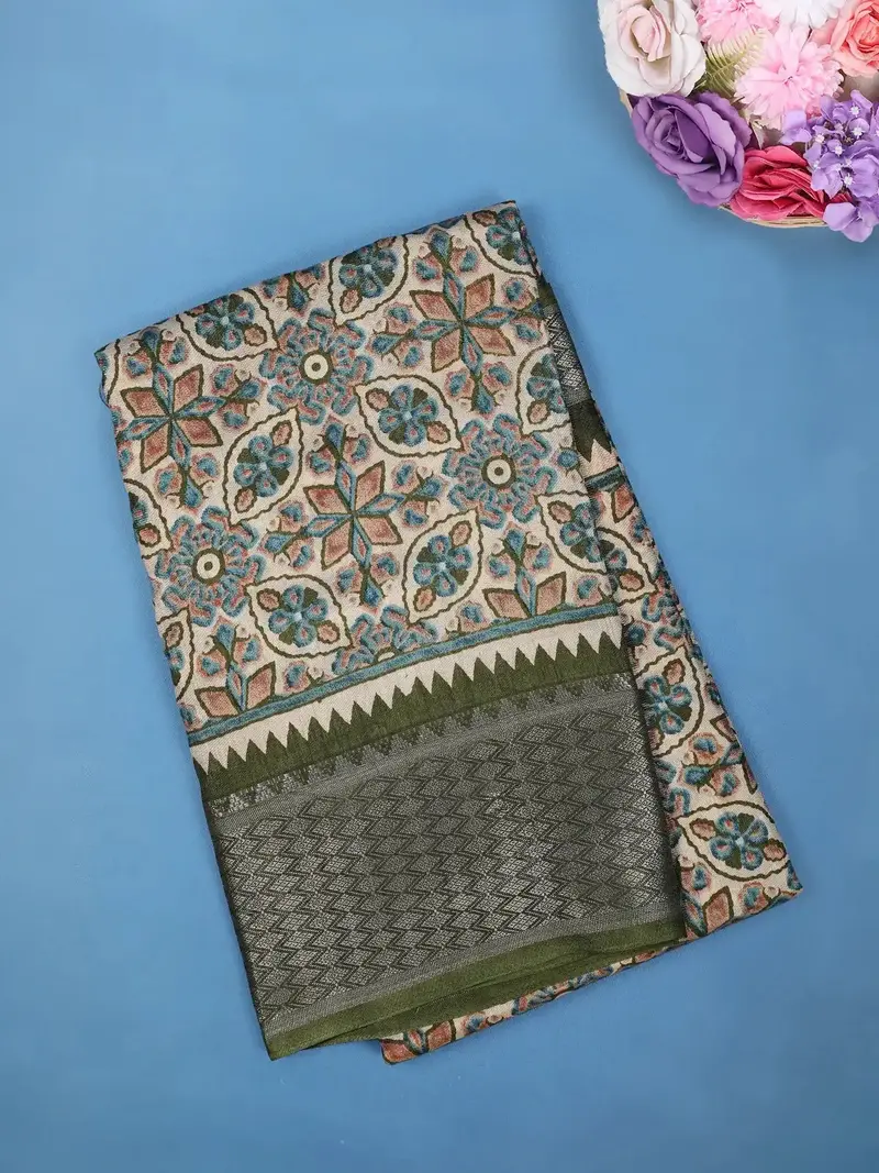 Beige Geometric And Floral Design Printed Cotton Saree 1