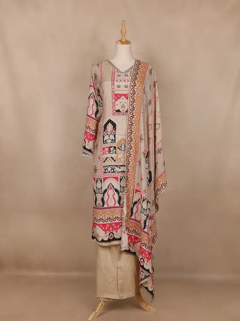 Beige Geometric Design Cotton Salwar Suit 1