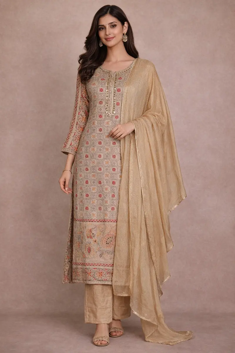 Beige Geometric Design Cotton Salwar Suit 1