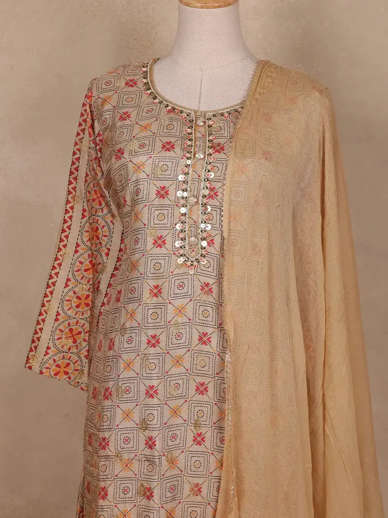 Beige Geometric Design Cotton Salwar Suit 3
