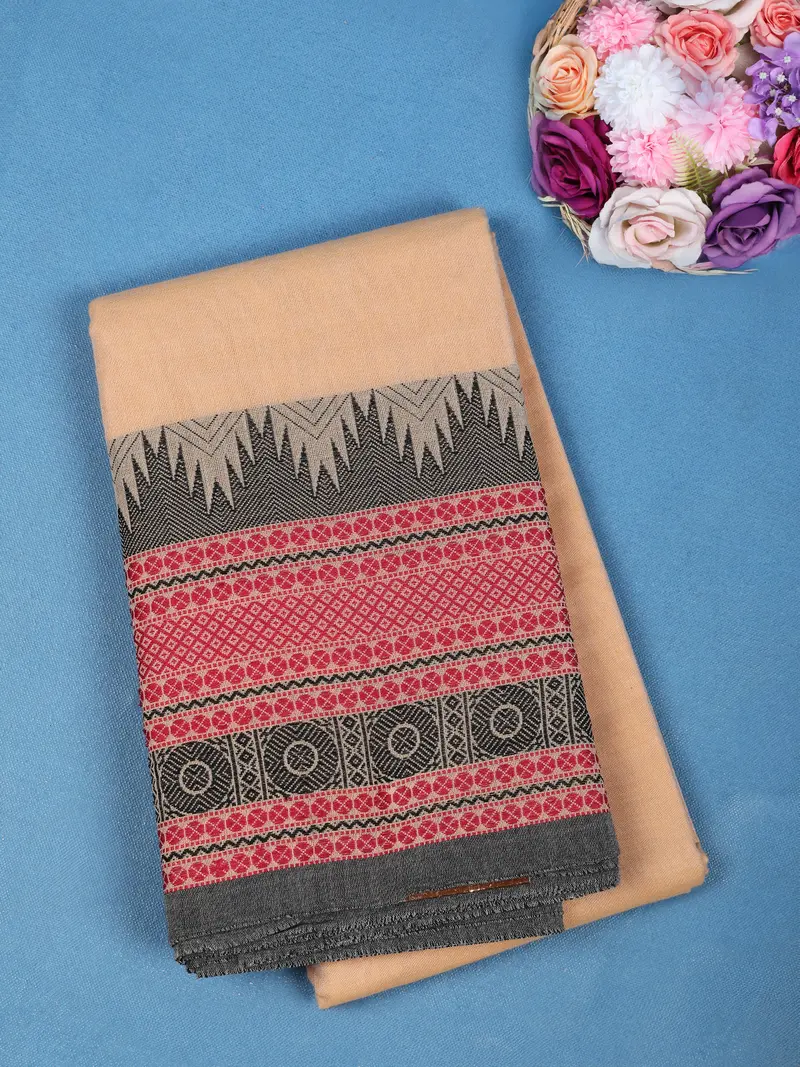 Beige Geometric Design Pure Cotton Saree 1