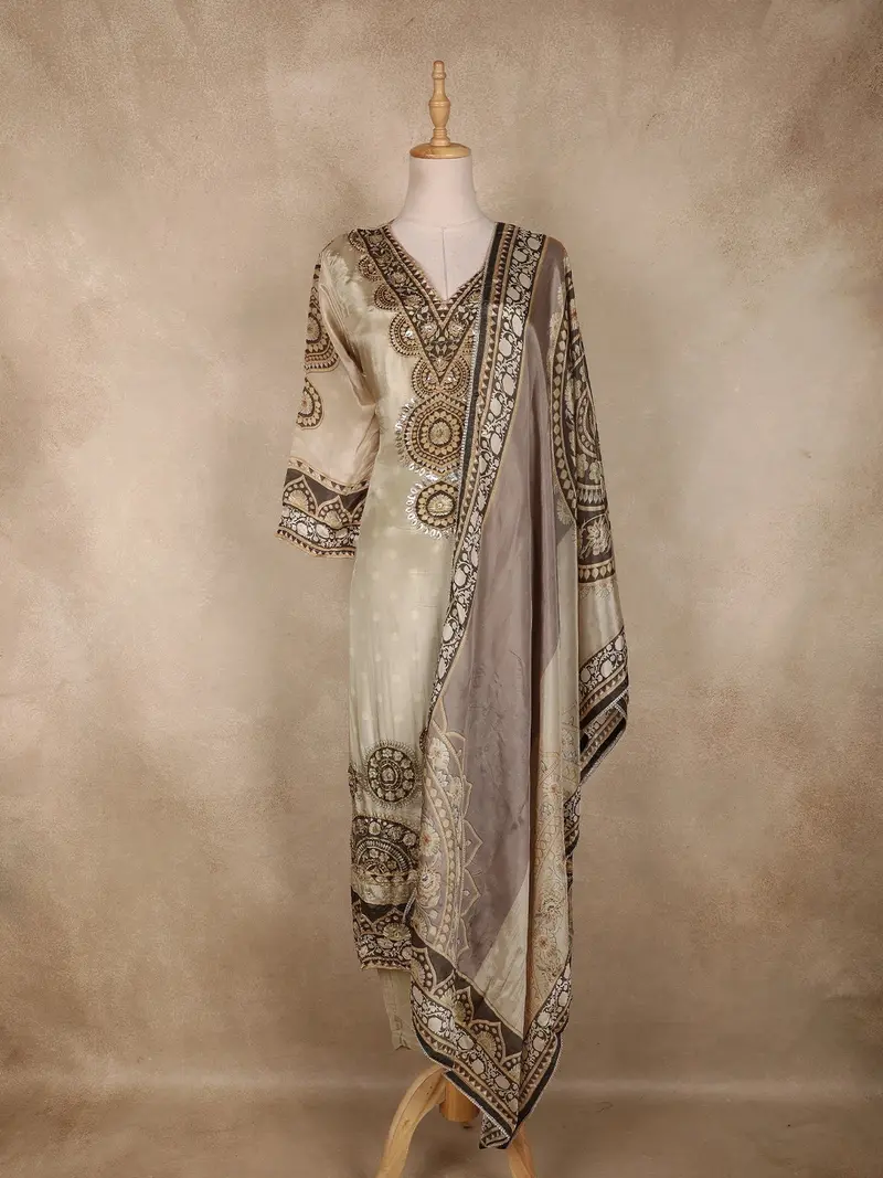Beige Geometric Printed  Design Crepe Straight Cut Salwar Suit With Dupatta 1