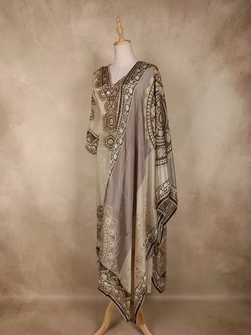 Beige Geometric Printed Design Crepe Straight Cut Salwar Suit With Dupatta 3
