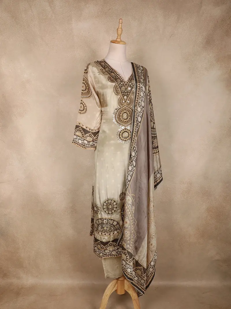 Beige Geometric Printed Design Crepe Straight Cut Salwar Suit With Dupatta 4