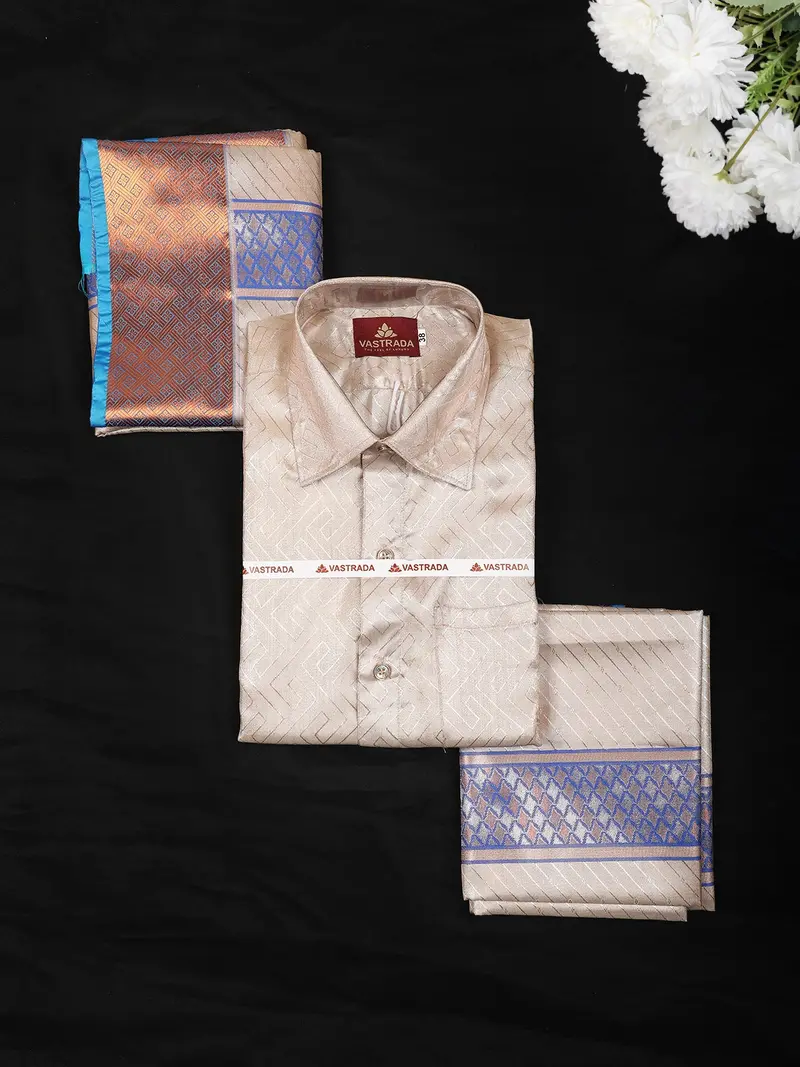 Beige Geometric Woven Silk Shirt With Matching Dhoti Featuring Blue And Copper Zari Border 1