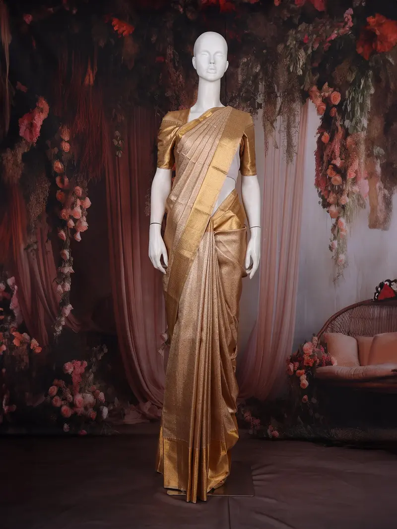 Beige Gold Brocade Woven Kanchipuram Tissue Silk Saree 1