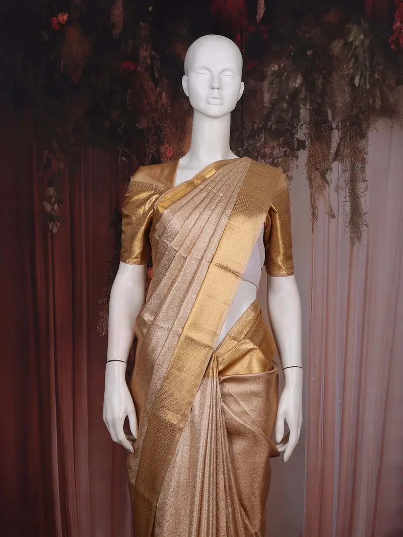 Beige Gold Brocade Woven Kanchipuram Tissue Silk Saree 2