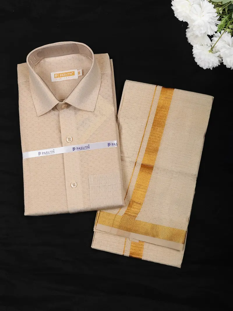 Beige Gold Dotted Woven Design Shirt With Zari Border Matching Dhoti Set 1