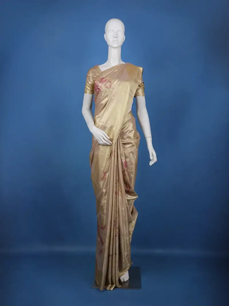 Beige Gold Floral Design Tissue Saree 1