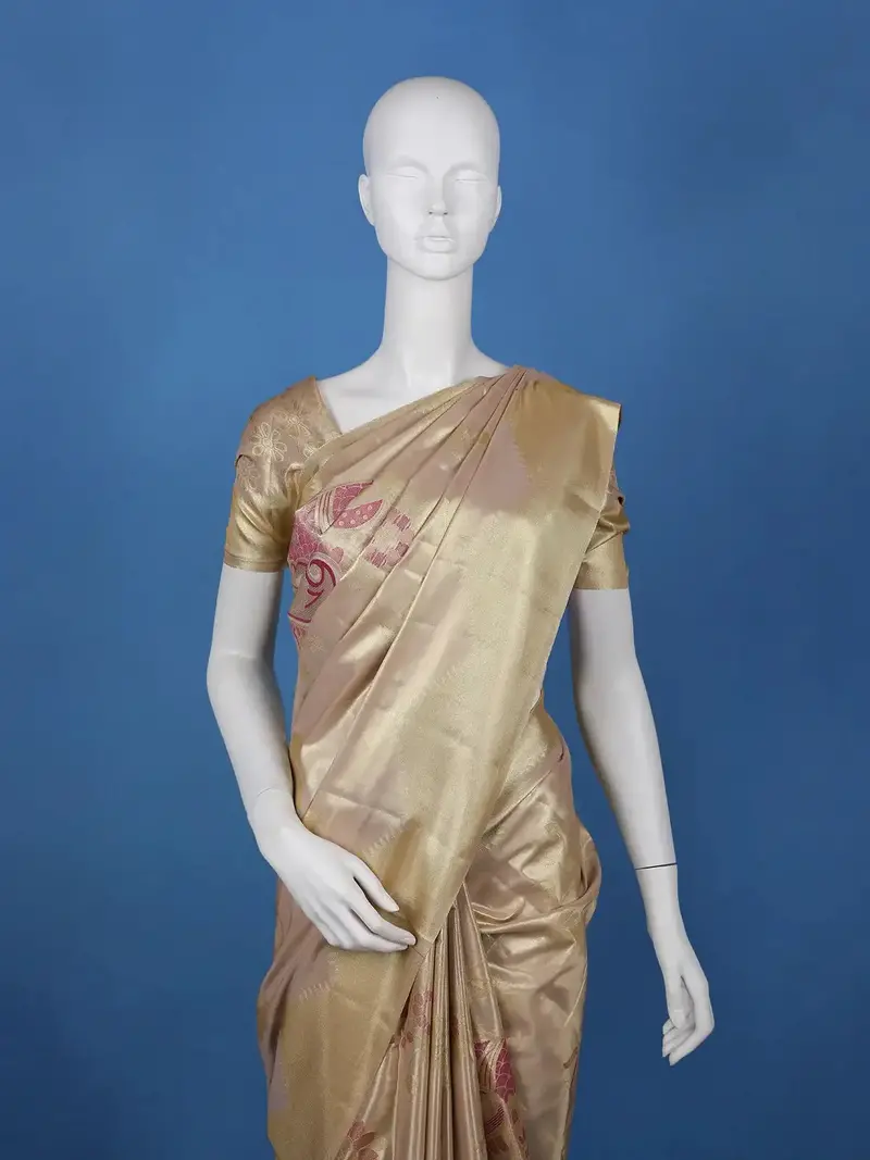 Beige Gold Floral Design Tissue Saree 2