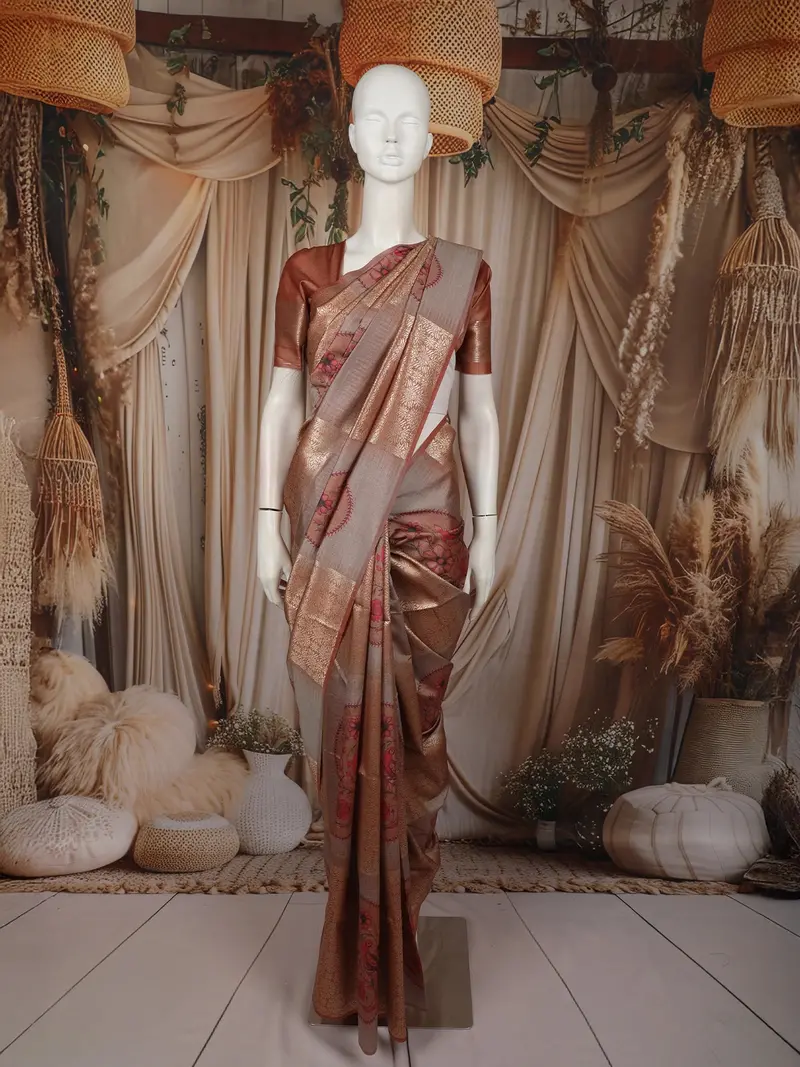 Beige Gold Geometric Zari Woven Design Semi Tussar Saree 1
