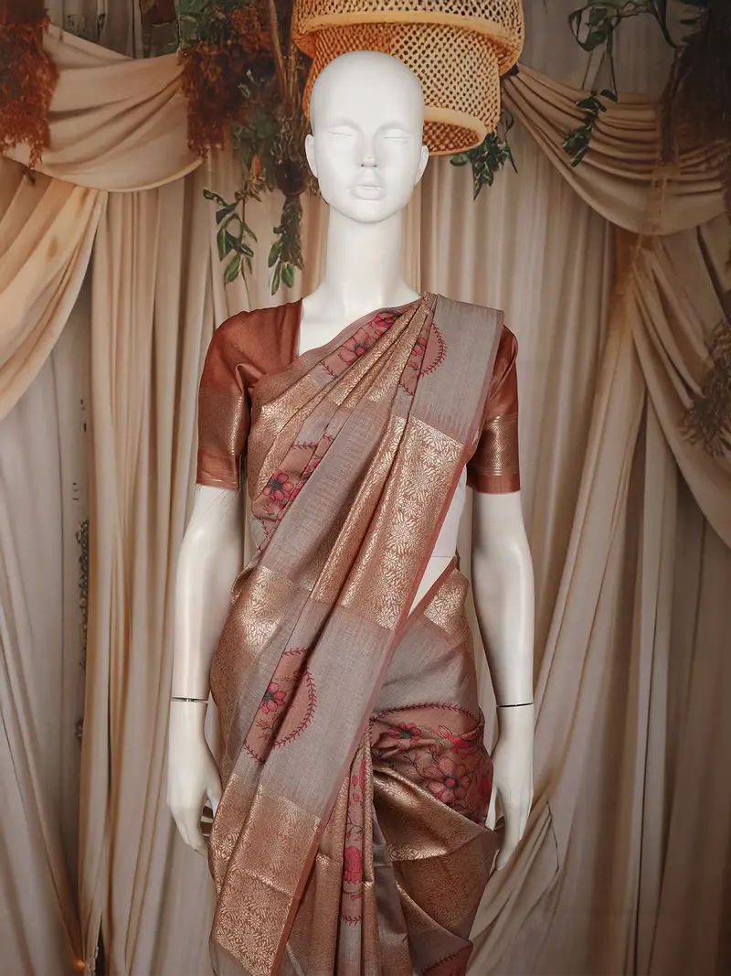 Beige Gold Geometric Zari Woven Design Semi Tussar Saree 2