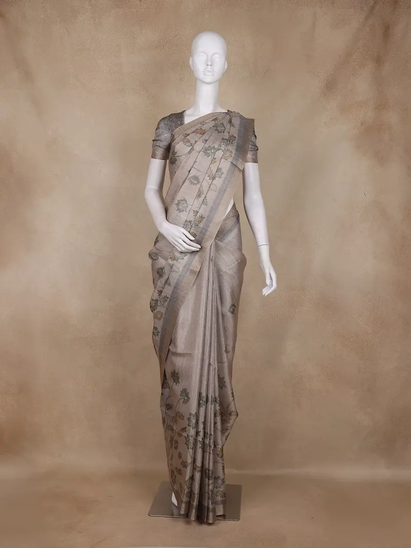 Beige Grey Floral Design Tissue Silk Saree With Zari Border 1