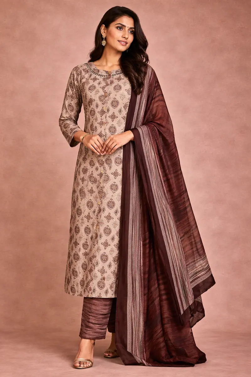 Beige Grey Floral Designed Semi Silk Salwar Suit 1