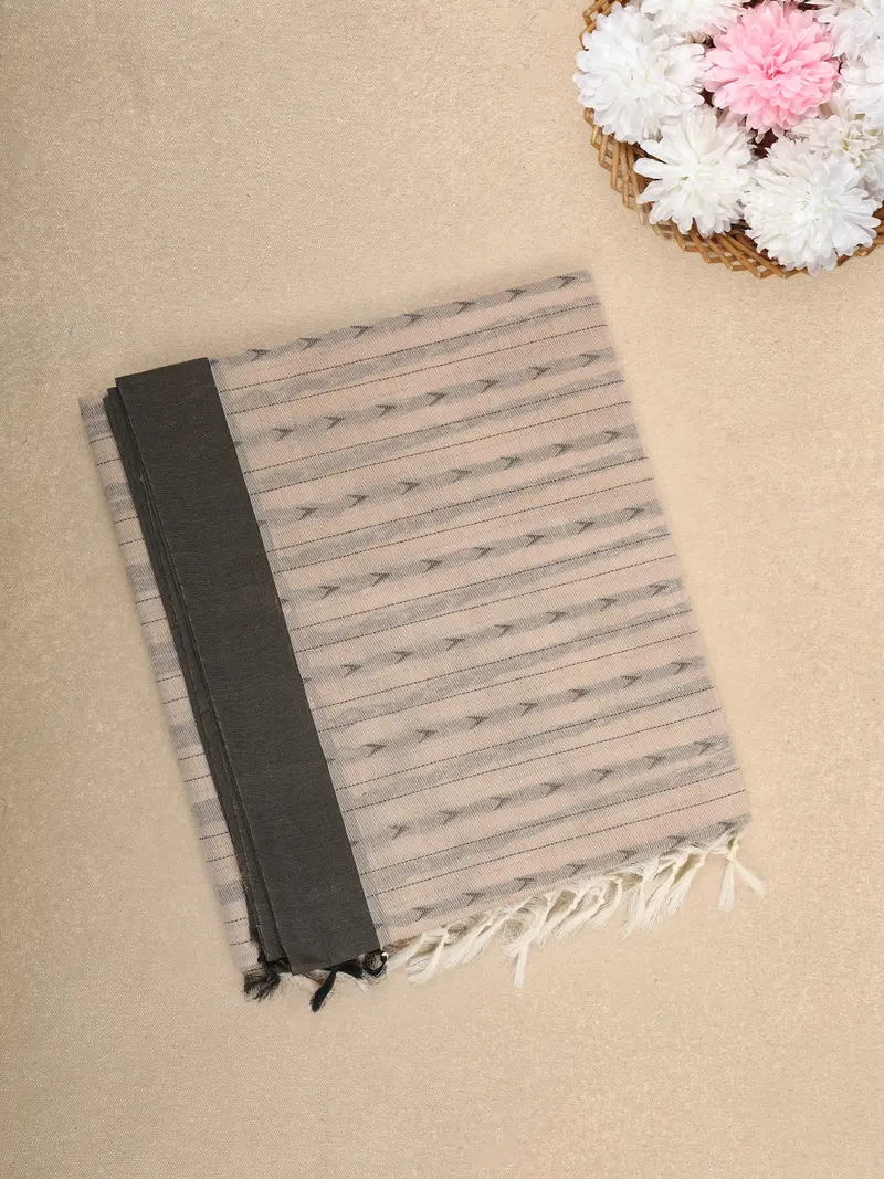 Beige Ikat Arrow Motif Design Cotton Saree 1