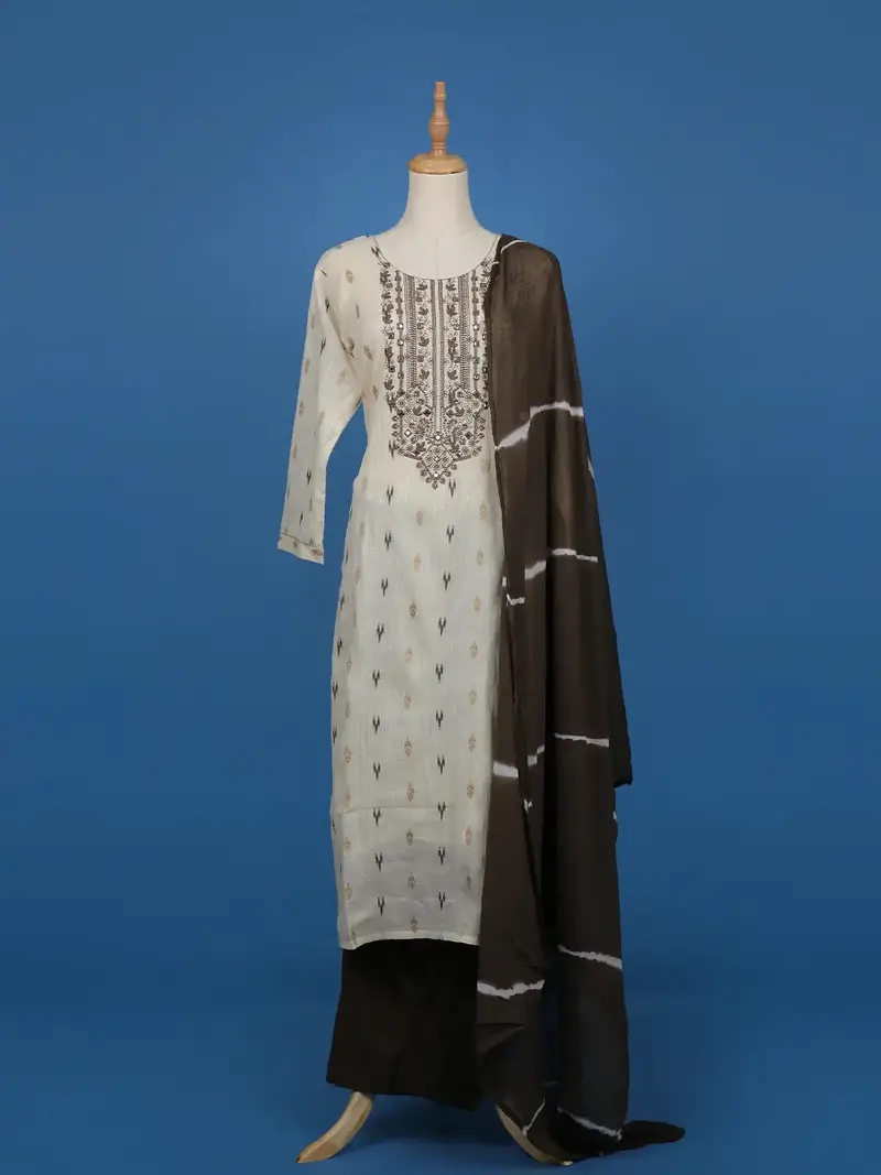 Beige Ikat Embroidered Salwar Suit With Brown Tie-Dye Dupatta 1