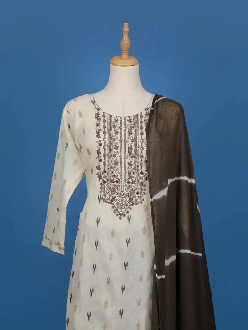 Beige Ikat Embroidered Salwar Suit With Brown Tie-Dye Dupatta 2