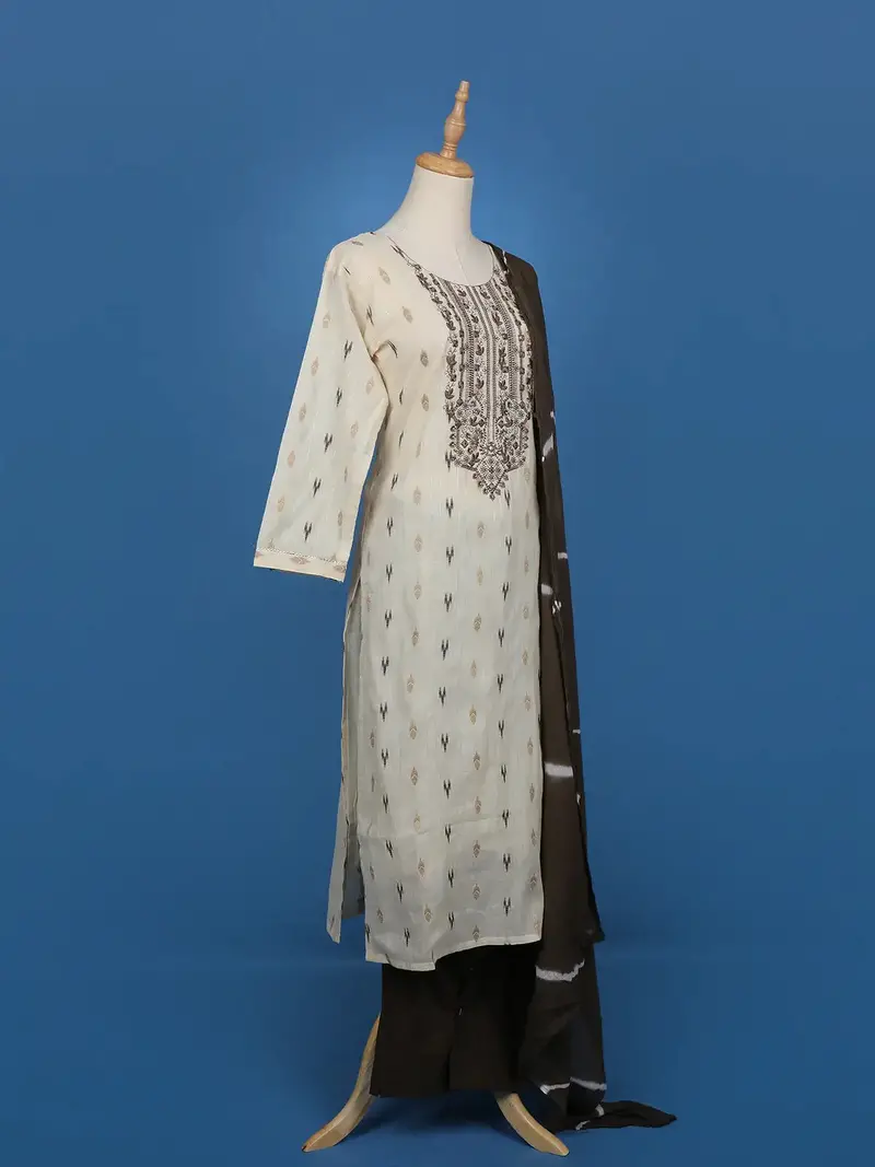 Beige Ikat Embroidered Salwar Suit With Brown Tie-Dye Dupatta 3