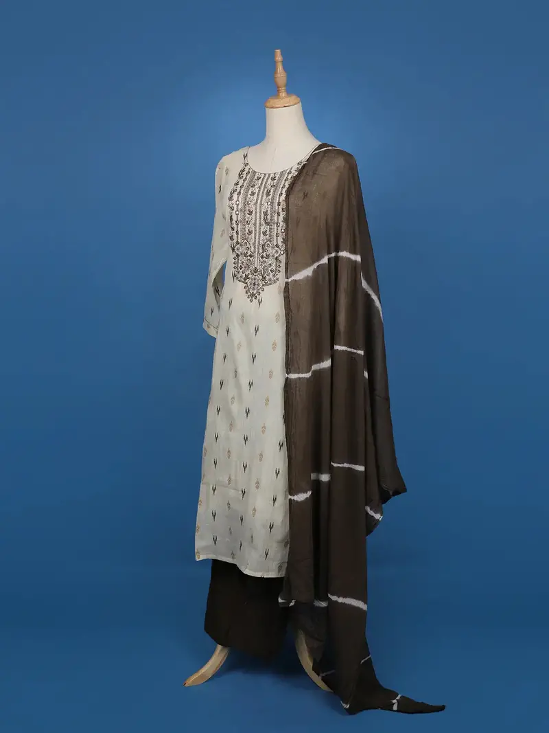 Beige Ikat Embroidered Salwar Suit With Brown Tie-Dye Dupatta 4