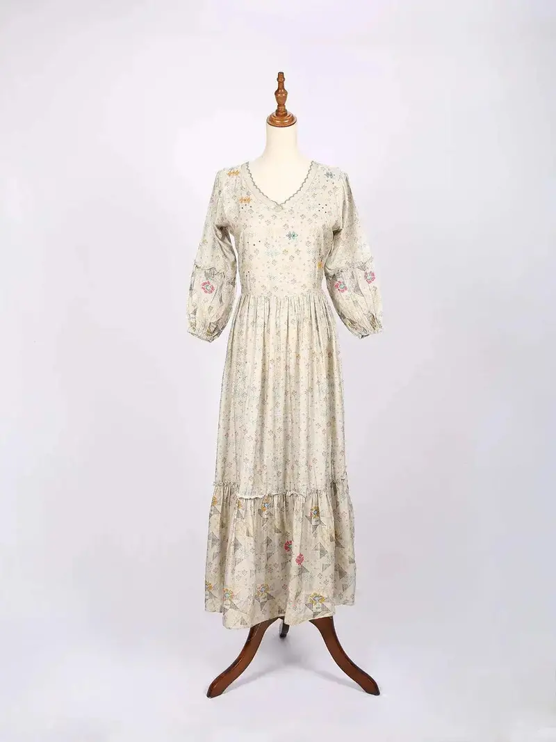 Beige Maxi Dress Adorned With Floral Prints 1