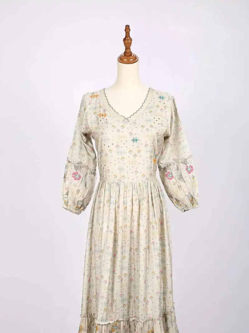 Beige Maxi Dress Adorned With Floral Prints 2