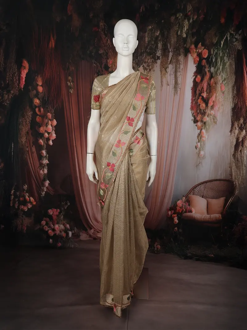 Beige Mini Checked Design Tissue Designer Saree With Floral Border 1