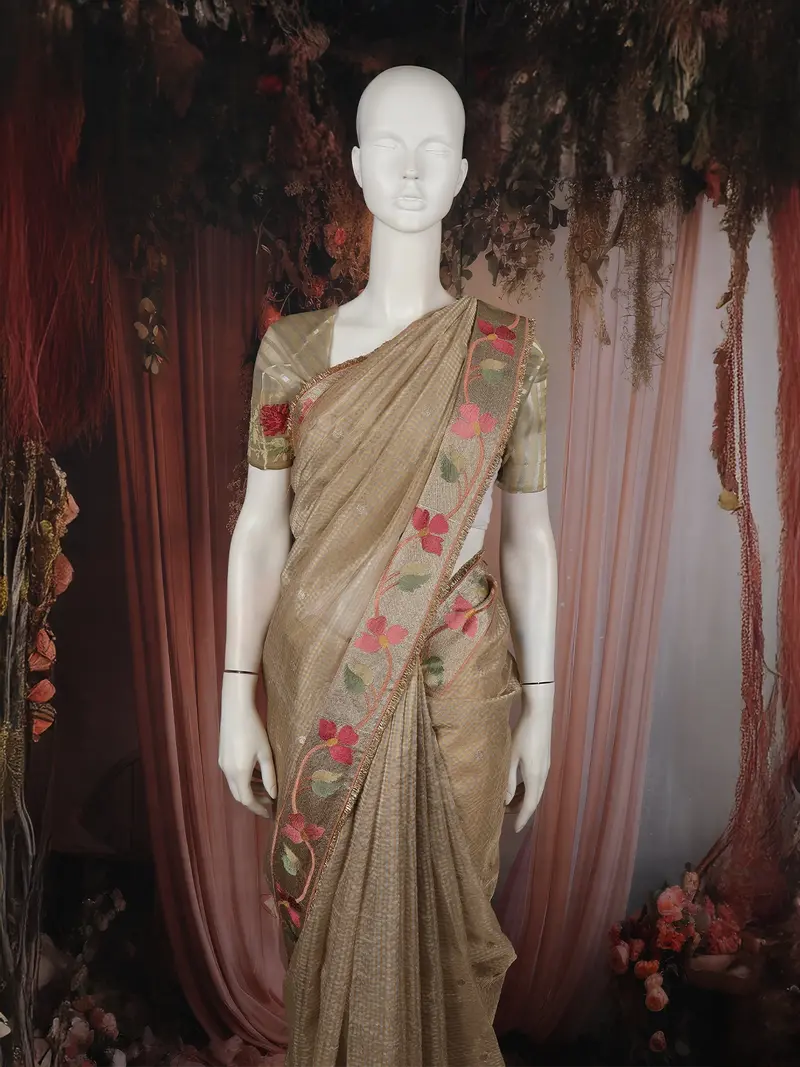 Beige Mini Checked Design Tissue Designer Saree With Floral Border 2