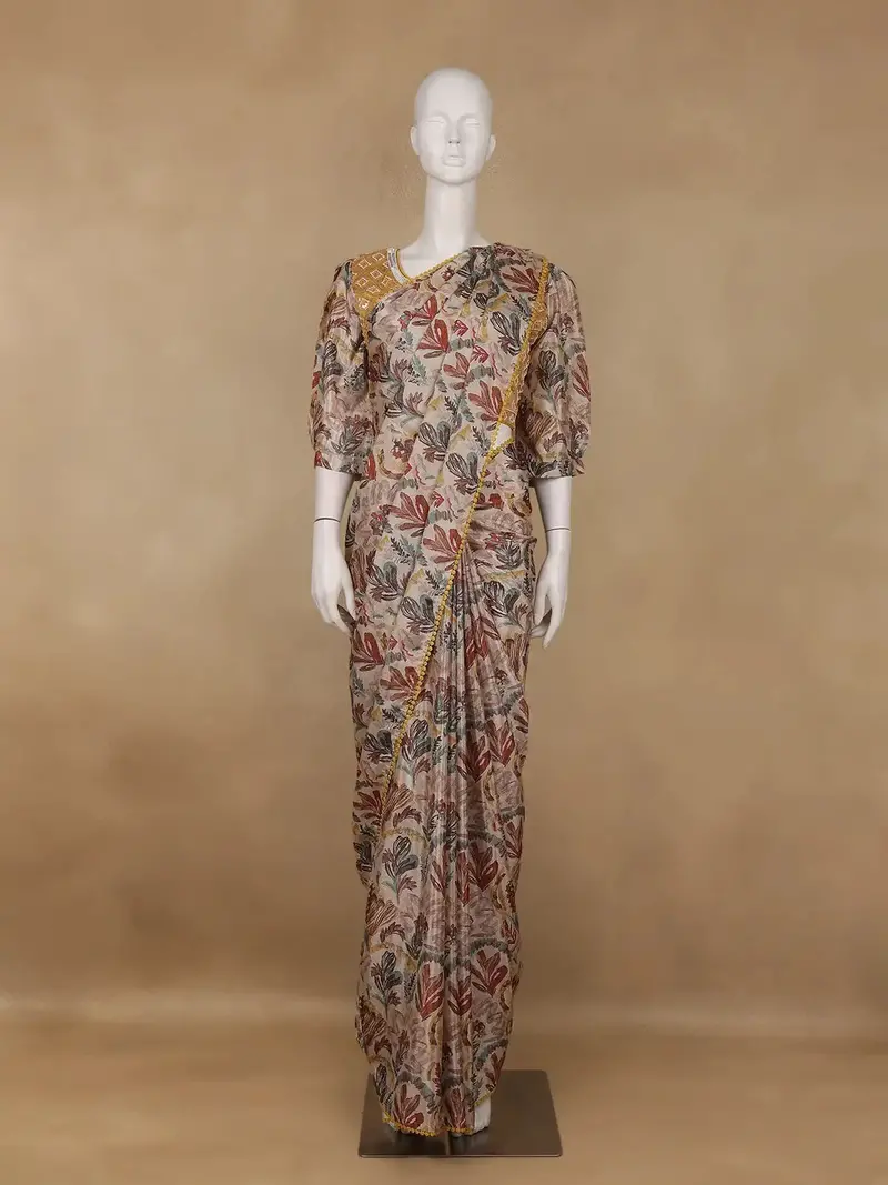 Beige Multicolor Abstract Printed Synthetic Saree With Mustard Yellow Sequin Embroidered Blouse 1
