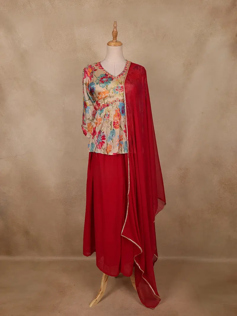 Beige Multicolor Floral Printed Crepe Peplum Top With Red Palazzo And Dupatta 1
