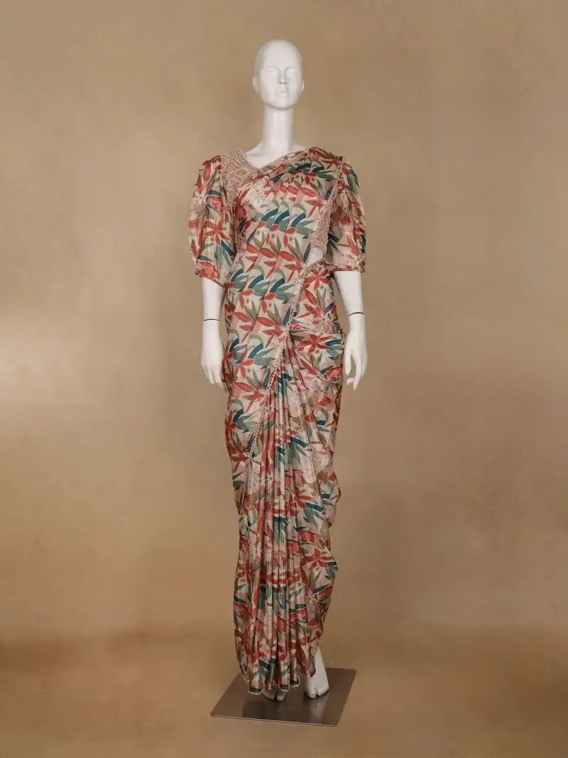Beige Multicolor Floral Printed Synthetic Saree With Embroidered Blouse 1