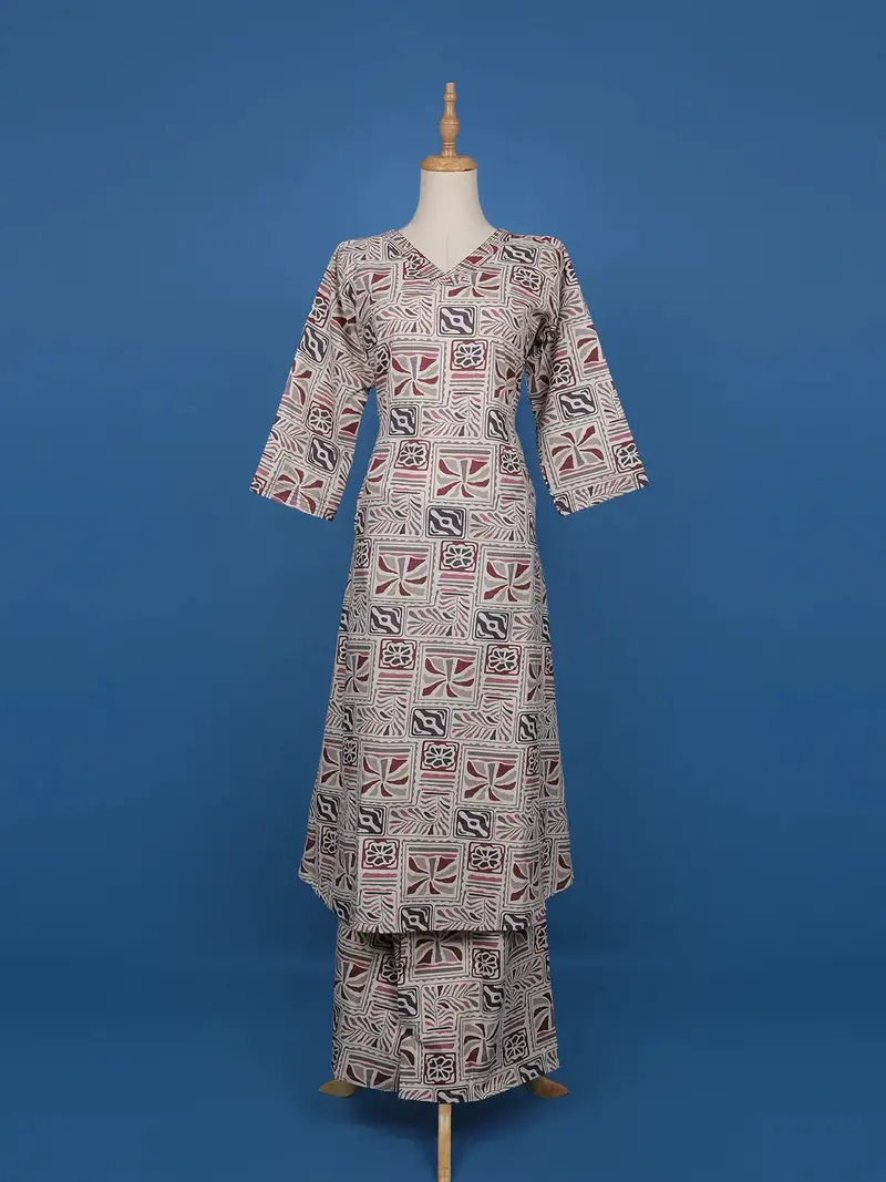 Beige Multicolor Geometric Printed Cotton Straight Cut Salwar Suit Set 1