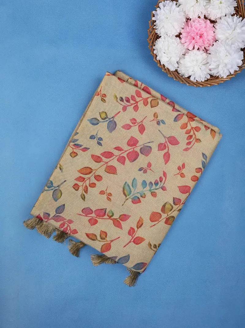Beige Multicolor Leaf Print Cotton Saree 1