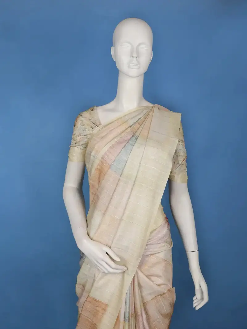 Beige Multicolor Striped Design Semi Tussar Saree 2