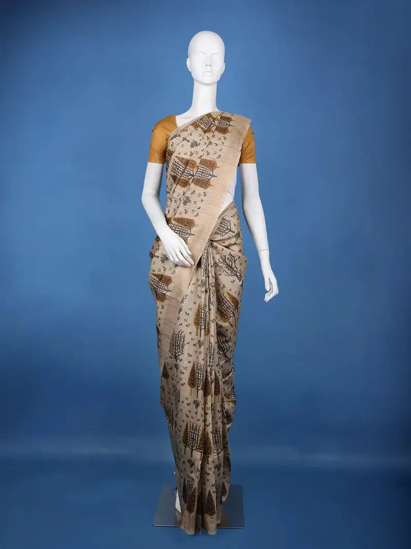 Beige Multicolor Tree Motif Printed Tussar Silk Saree 1