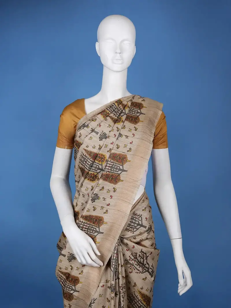 Beige Multicolor Tree Motif Printed Tussar Silk Saree 2