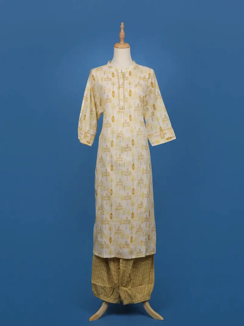 Beige & Mustard Leaf Printed Cotton Salwar Suit 1