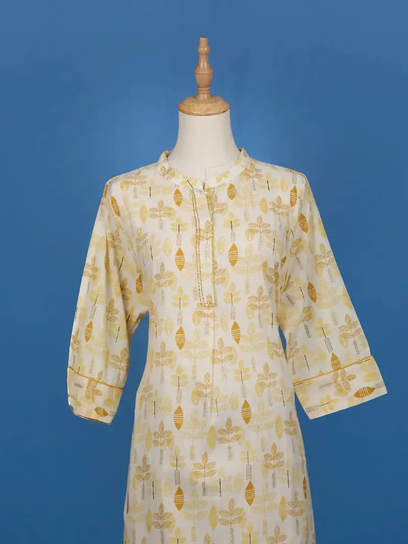 Beige & Mustard Leaf Printed Cotton Salwar Suit 2